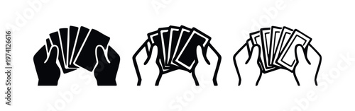 Hands holding fanned cards or papers icon set. Concept of business, finance, games, or document display in vector graphics.