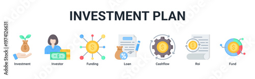 Investment Plan web banner icon vector illustration with icons of Investment,Investor,Funding,Loan,Cashflow,Roi and Fund