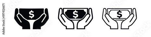 Hands holding US Dollar currency banknote icon set. America's financial prosperity and cash payment symbol in vector.