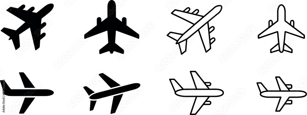 Fototapeta premium Plane icon set featuring airplane and flight transport symbols vector travel flat illustration aviation and transportation concept