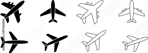 Plane icon set with flight transport symbols airplane icons vector flat travel illustration aviation concept design elements