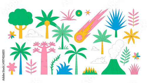 Colorful tropical plants and fruits in a playful cartoon style arrangement Vector