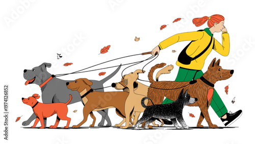 A whimsical cartoon scene featuring a man herding a diverse group of animals. Vector