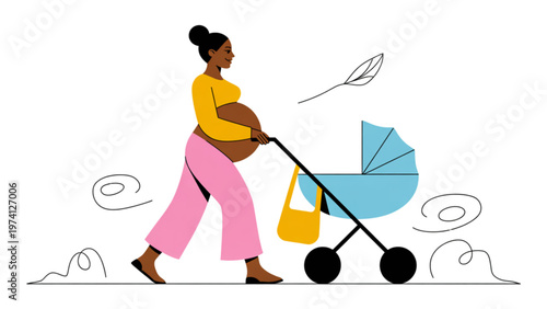 Woman in colorful outfit pushing a baby stroller outdoors on a sunny day Vector