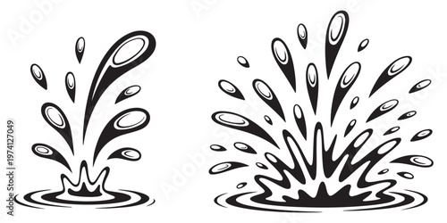 Black and white water splash vector illustration set isolated on white background.