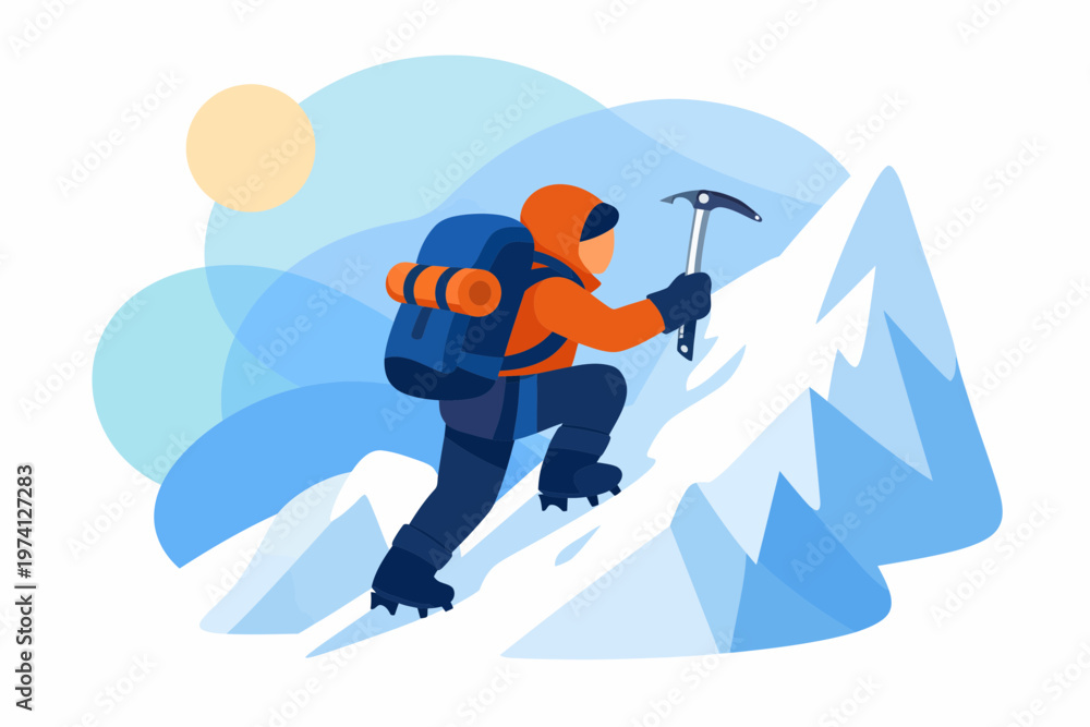 Fototapeta premium Mountaineer climbing snowy mountain peak with ice axe illustration