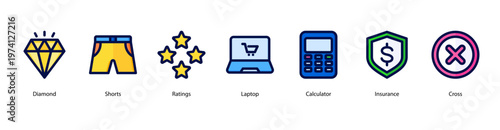Luxury and Value web banner icon vector illustration featuring Diamond, Shorts, Ratings, Laptop, Calculator, Insurance, and Cross.