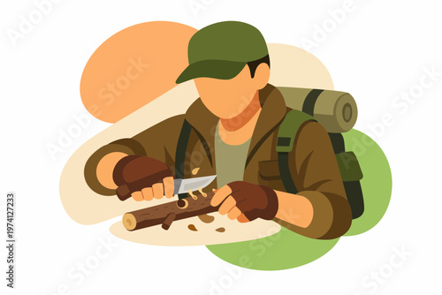 Hiker and Survivalist Whittling Wood in Nature Vector Illustration