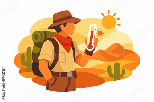 Adventurer Checking Thermometer in Hot Desert Survival Scene