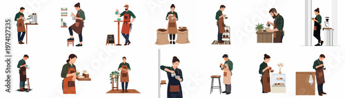 Collection of diverse male and female baristas in aprons preparing coffee, making latte art, and serving drinks in a modern cafe setting.
