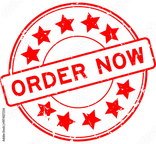 Grunge red order now word with star icon round rubber seal stamp on white background