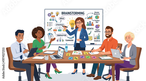 Team engaged in a brainstorming session with charts and notes in a modern office setting