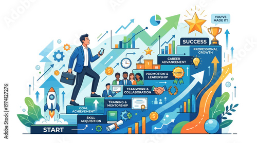 A professional man ascending a success staircase, symbolizing career growth and achievements