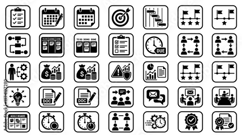 A collection of various monochromatic icons representing project management, deadlines, and teamwork