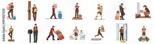 Collection of delivery personnel in brown uniforms performing various package delivery tasks in different domestic and outdoor settings, isolated on white background.