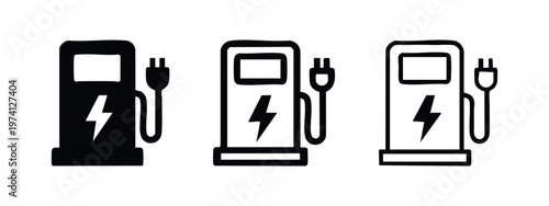 Electric vehicle charging station icons set with lightning bolt in solid, outline, and hand drawn styles.