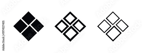 Four geometric diamond shapes icons set in solid, outline, and hand drawn styles. Abstract pattern.