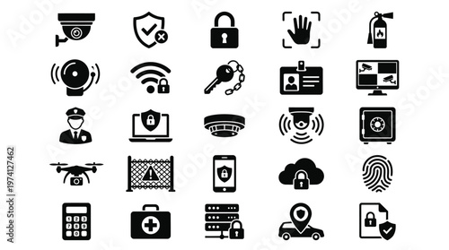 Collection of security icons depicting surveillance, protection, and access control concepts