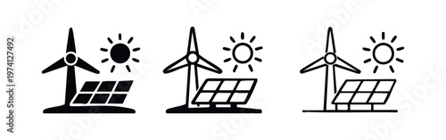 Renewable energy icons set with wind turbine, solar panels, and sun in solid, outline, and hand drawn styles.