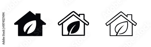 Eco house icon with a leaf symbol inside in solid, outline, and hand drawn styles. Green home concept.