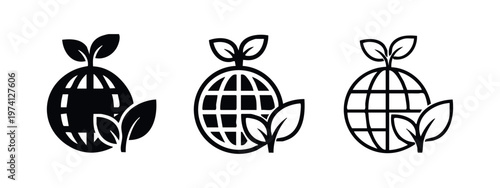 Eco friendly earth icon set. Globe with leaves symbolizing sustainability, green energy, and environmental awareness.