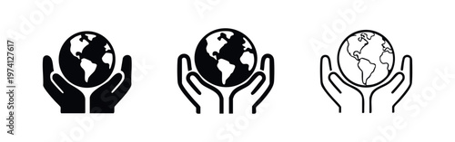 Hands holding earth icon set. Global environmental care and protection symbol in various artistic renditions.