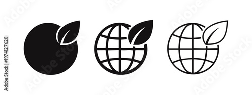 Green earth icon set. Globe with a leaf, symbolizing environmental protection, ecology, and global sustainability.
