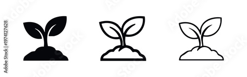 Sprout and plant growth icon set. Seedling in soil, symbolizing new life, nature, and successful gardening.