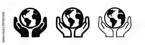 Hands holding earth icon set. Global environmental care and protection symbol in various artistic renditions.