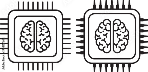 Two black line icons of computer chips with human brain inside, concept of artificial intelligence.