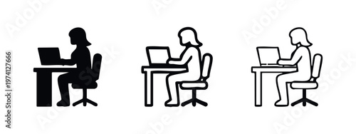 Woman working on laptop icon set. Female employee at desk, depicting remote work, office, or student life.