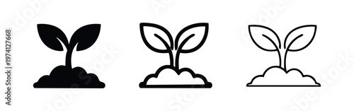 Sprout and plant growth icon set. Seedling in soil, symbolizing new life, nature, and successful gardening.