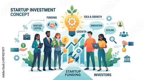 Illustration depicting a startup investment concept with diverse individuals discussing funding and growth
