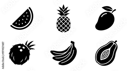 A variety of tropical fruits including watermelon, pineapple, mango, coconut, bananas, and papaya on a white background