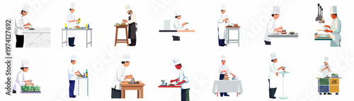 Collection of diverse professional chefs in white uniforms performing various culinary tasks like plating and garnishing food in a flat vector style.