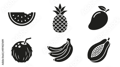 A vibrant assortment of tropical fruits including watermelon, pineapple, mango, coconut, bananas, and papaya arranged artistically on a clean white background, ideal for food-related projects