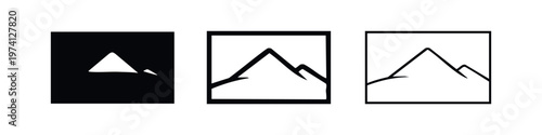 Mountain landscape icon set. Abstract peak and nature symbol in multiple styles for images.