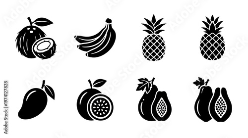 A collection of tropical fruits including coconut, bananas, pineapple, mango, guava, and papaya on a white background