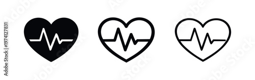Heartbeat line icon set. Electrocardiogram (ECG) inside a heart symbol in various styles.