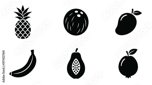 A collection of tropical fruits including pineapple, coconut, mango, banana, papaya, and guava on a white background, ideal for food-related projects