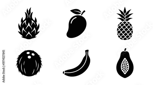 A vibrant collection of tropical fruits including pineapple, mango, banana, and papaya on a white background