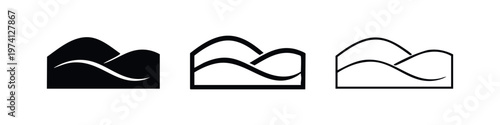 Wavy mountain or hill icon set. Abstract landscape symbol in various styles, minimal design.
