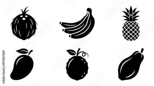 A collection of tropical fruits including coconut, bananas, pineapple, mango, and papaya