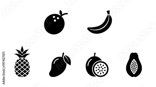 A collection of six black silhouette fruits including orange, banana, pineapple, mango, and papaya against a white background, ideal for food-related designs