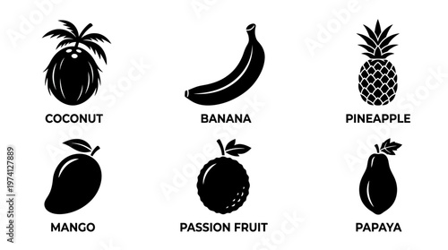 A collection of tropical fruits including coconut, banana, pineapple, mango, passion fruit, and papaya on a clean white background