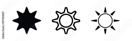 Sun and star icon set with various ray designs. Weather and brightness symbol, graphic element.