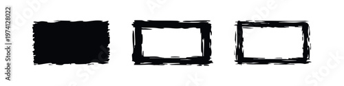 Grunge rectangle frame icon set. Abstract brush stroke banner in multiple styles, distressed.
