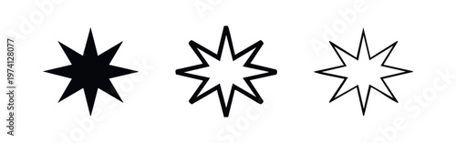 Seven-pointed star icons set in solid, bold outline, and thin outline styles, abstract symbol vector illustration.
