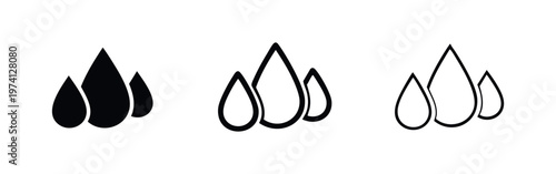 Multiple water drops icon set. Liquid and hydration symbol in various styles, purification element.