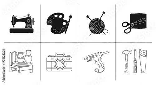 Black and white icons depicting various creative hobbies and tools